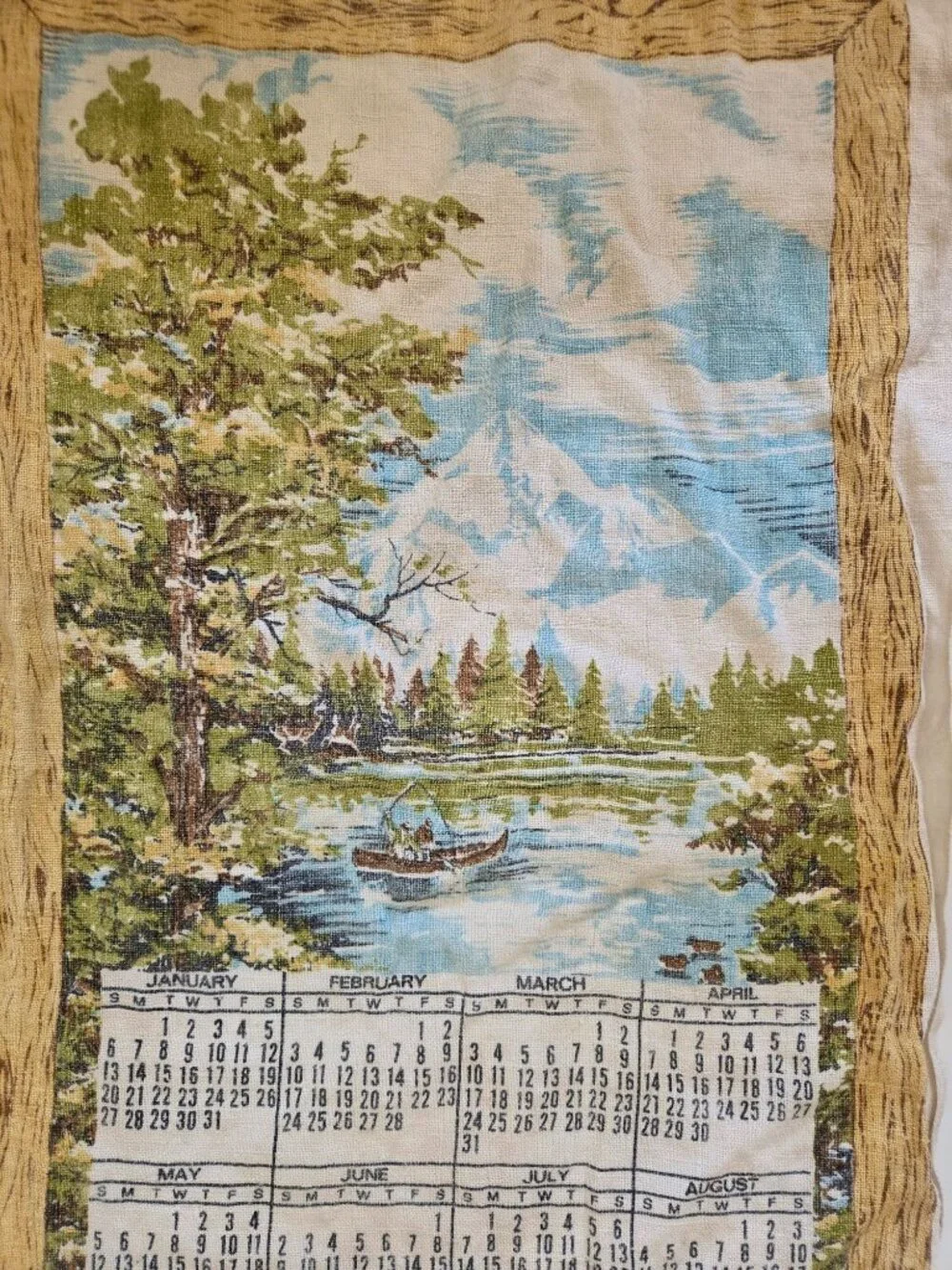 Vtg Linen Calendar Tea Towel 1974 Mountain Lake Scene Wall Hanging Cottage Core